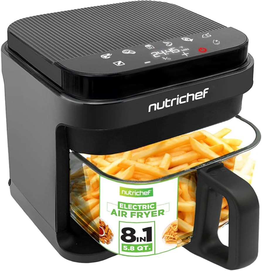 Nutrichef 5.8 Quart Air Fryer 8-1 Preset Cook Modes Transparent Fry Bowl for Best Cooking Results... | Amazon (US)