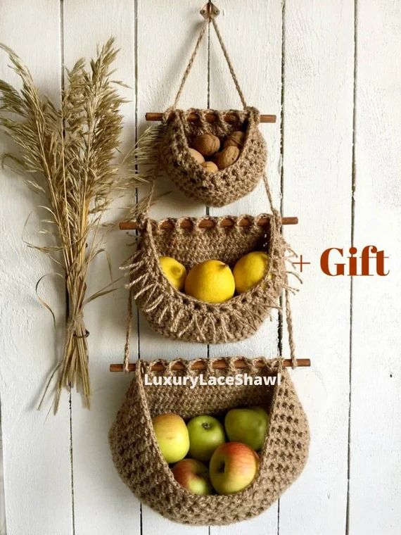 Jute Wall Basket Hanging Fruit Basket Boho Style Three Tier | Etsy | Etsy (US)