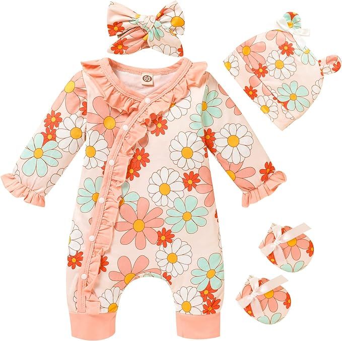Newborn Girl Floral Jumpsuit Baby Girl Long Sleeve Ruffle Romper Overall Coming Home Outfits | Amazon (US)