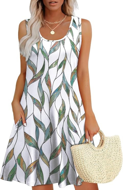 WEESO Womens Summer Dresses Loose U Neck Sleeveless Sundresses Dress with Pockets | Amazon (US)