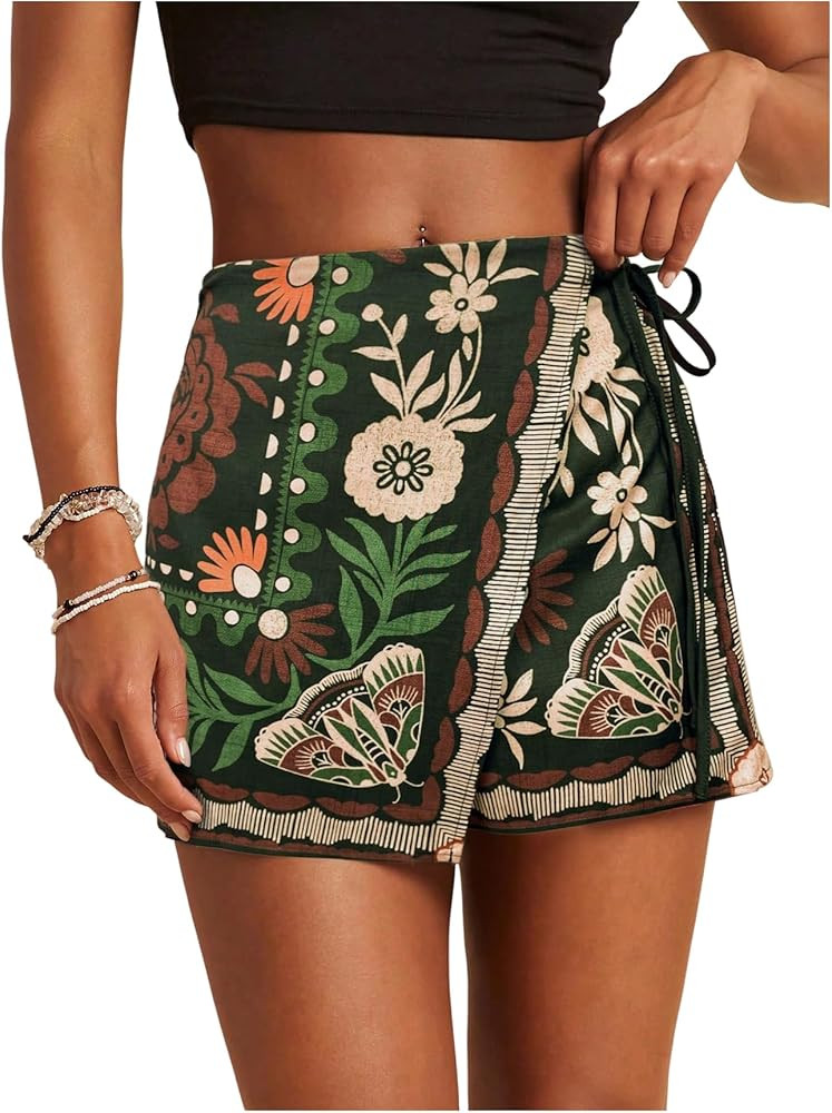 RoseSeek Women's Floral Graphic Skirt Shorts Drawstring Waist Tropical Boho Wrap Skorts | Amazon (US)