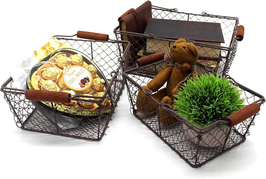 CVHOMEDECO. Primitive Chicken Wire Gathering Baskets with Wood Handle Rectangular Farmhouse Stora... | Amazon (US)