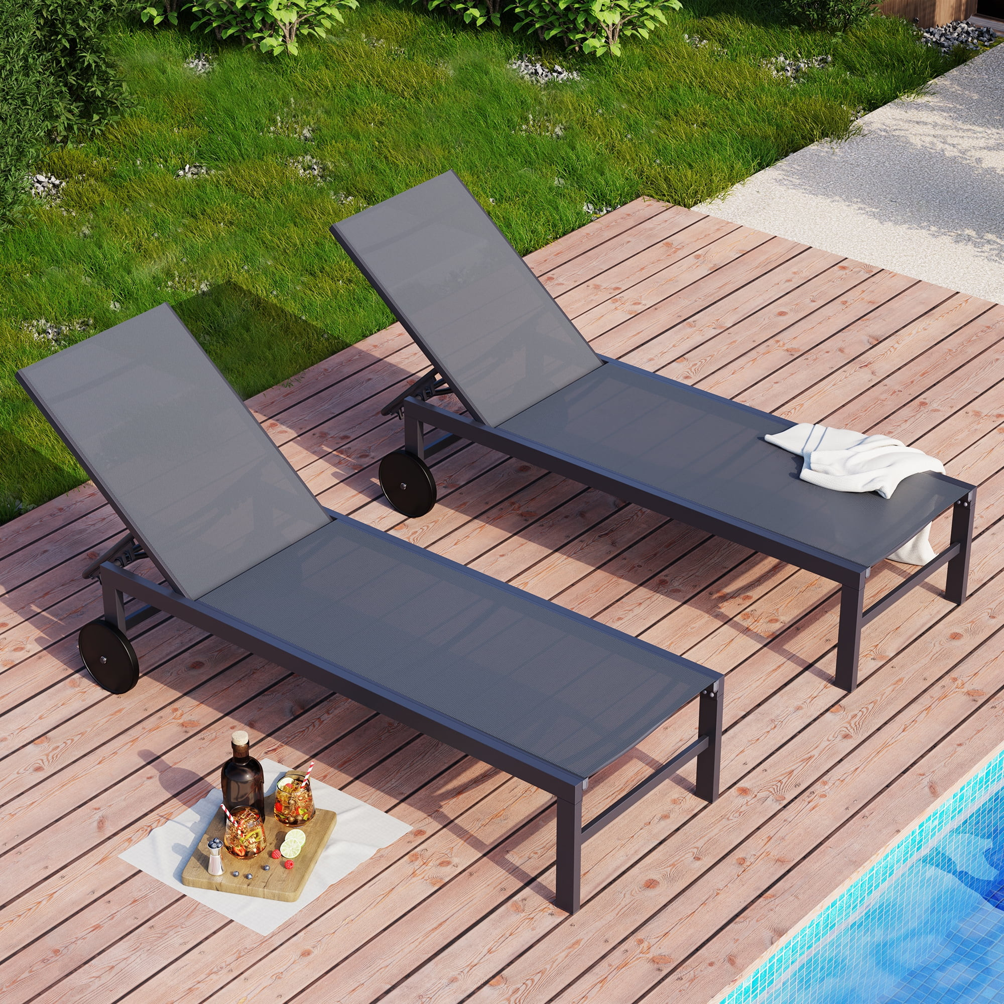 Walsunny 2pcs Patio Outdoor Chaise Lounge Chair with Wheels for Outside Aluminum Adjustable Angle... | Walmart (US)