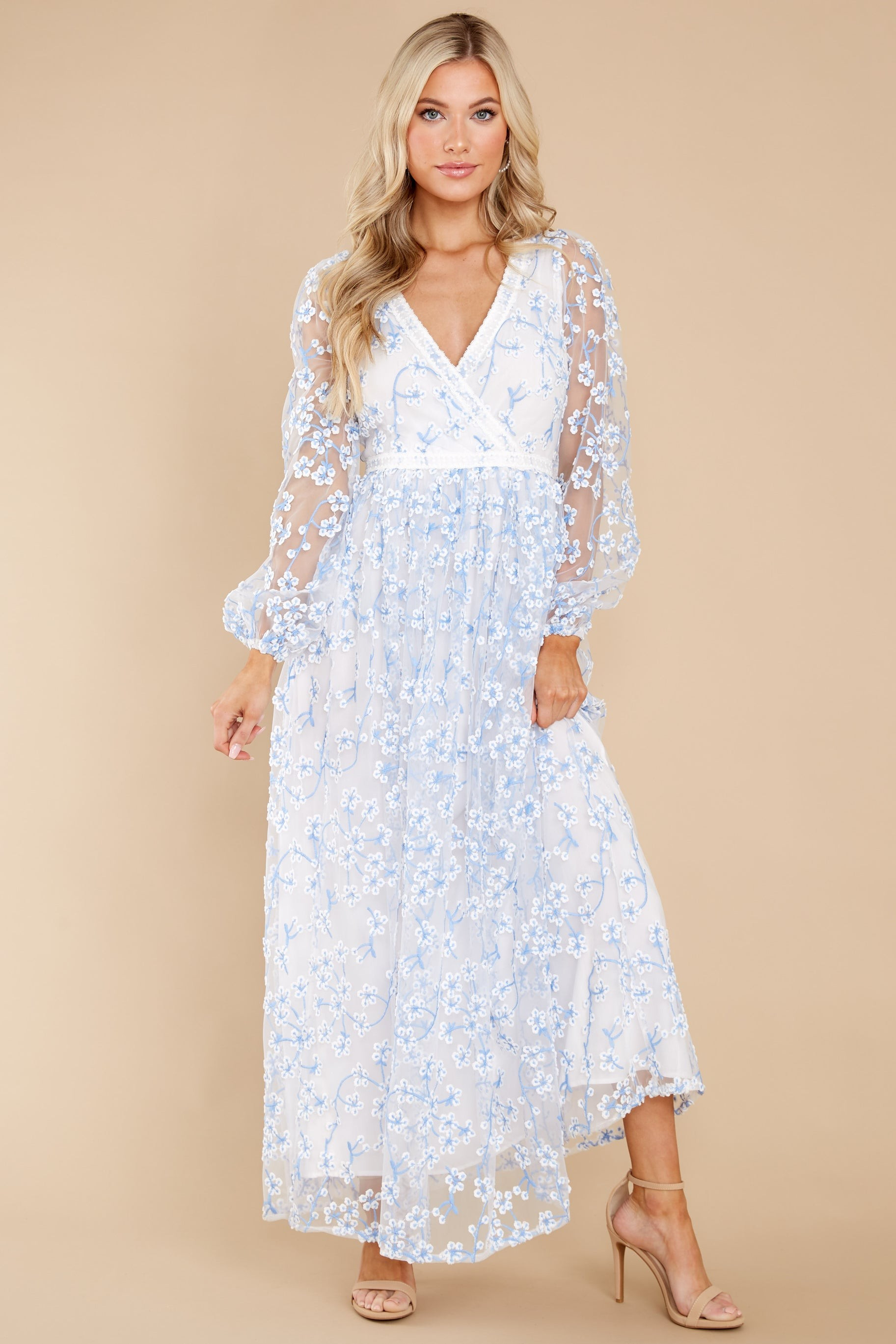 Heavenly Sights Blue And White Floral Embroidered Maxi Dress | Red Dress 