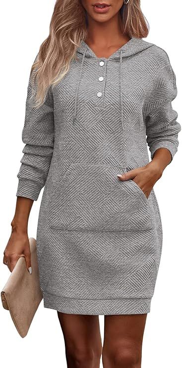 PRETTYGARDEN Long Sleeve Hoodies Dress 2024 Fall Trendy Texture Sweatshirts Outfits Button Hooded... | Amazon (US)