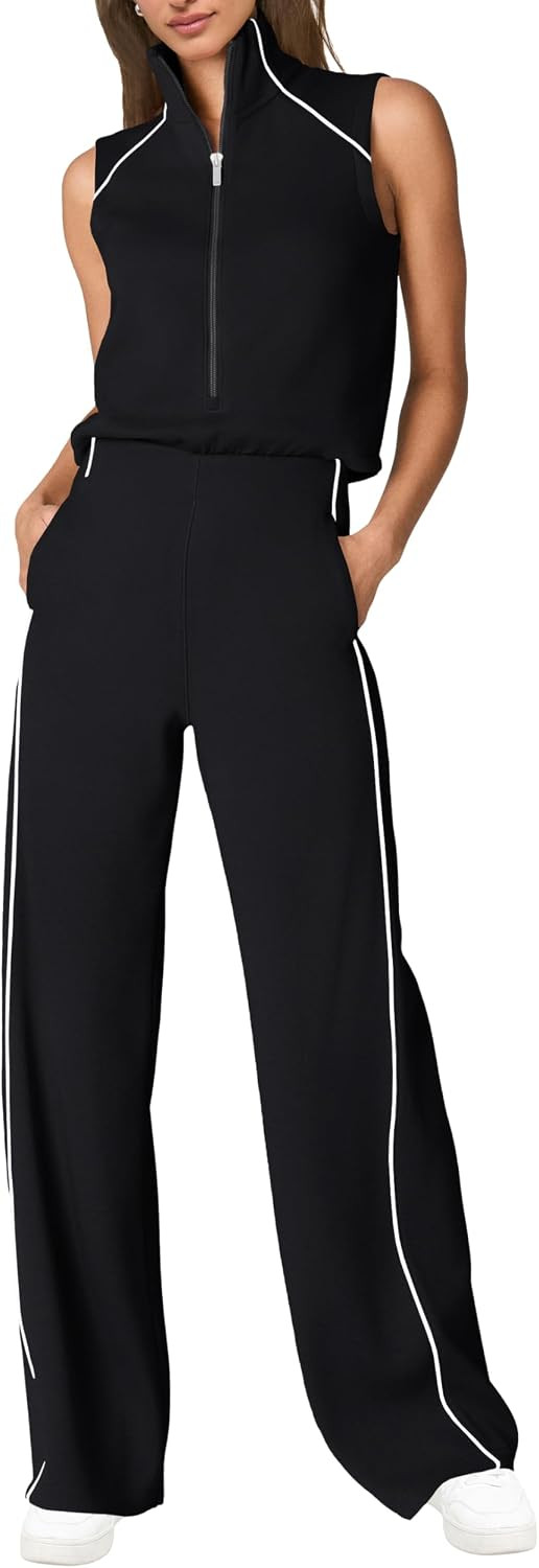 SENSERISE Womens Summer Jumpsuits Dressy Casual Sleeveless Mock Neck Top Wide Leg Pants Romper with Pockets | Amazon (US)