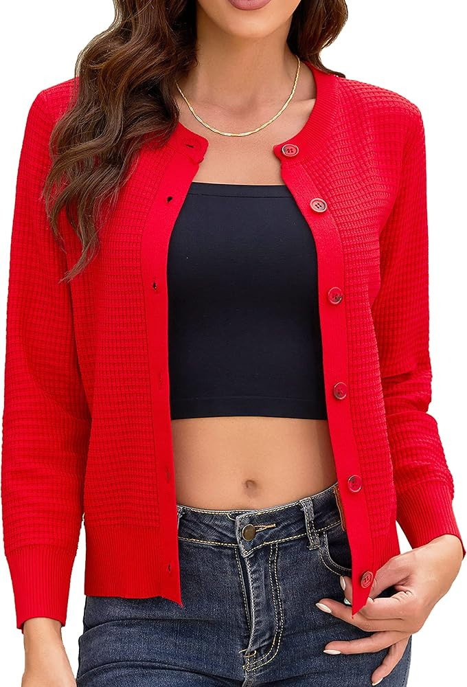 Women's Crew Neck Button Down Long Sleeve Solid Knit Classic Cardigan Sweater | Amazon (US)