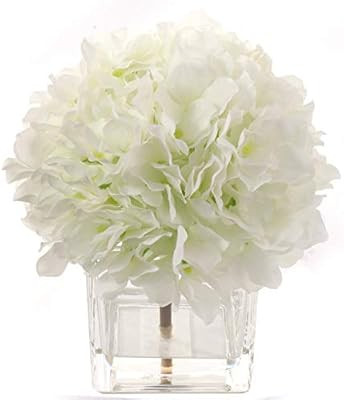 Larksilk Cream White Hydrangea Flower Bush Arrangement, Decorative Square Vase, Faux Water, Scrat... | Amazon (US)