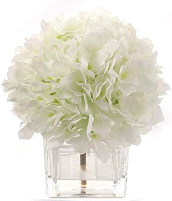 Larksilk Cream White Hydrangea Flower Bush Arrangement, Decorative Square Vase, Faux Water, Scrat... | Amazon (US)