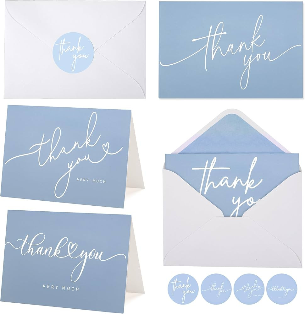 100 Bulk Light blue Thank You Cards with white Envelopes and stickers - 4 Minimalistic Designs Bl... | Amazon (US)