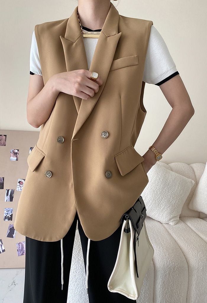 Double-Breasted Vest Blazer in Tan | Chicwish