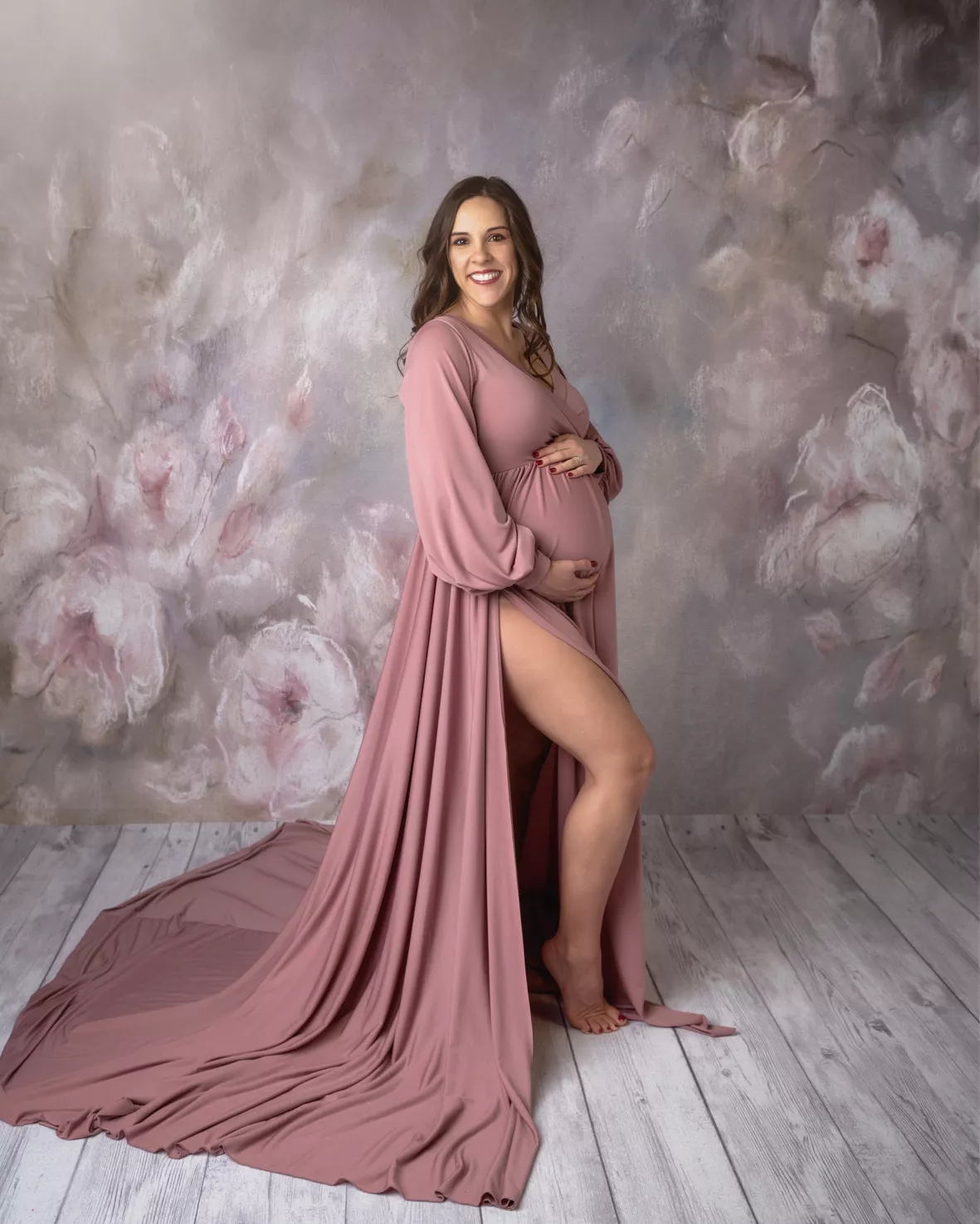 Maternity Gown Bishop Sleeves Baby Shower Dress Wrap Side Slit