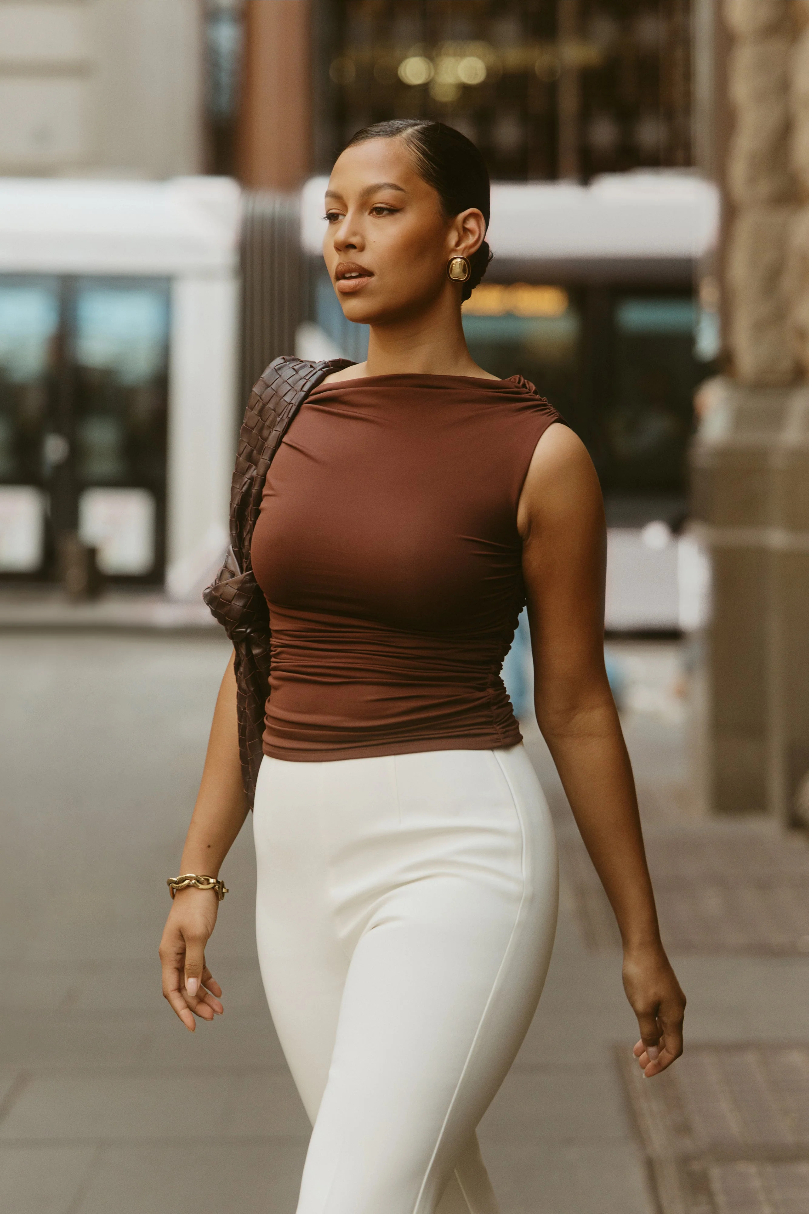 Alayna Recycled Nylon Ruched Top - Chocolate | Meshki (APAC)