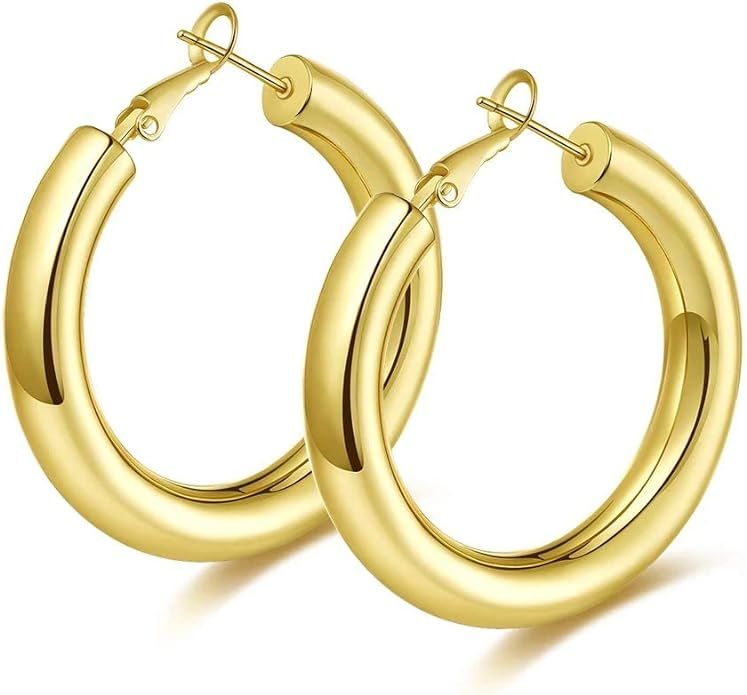 Large Chunky Thick Gold Hoop Earrings for Women | Amazon (US)