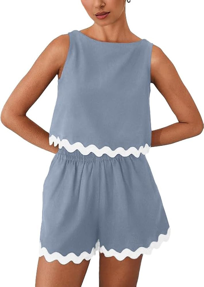 GRECERELLE Women 2025 Summer 2 Piece Outfits Set Lace Trim Crewneck Tank Crop Top and Shorts Loun... | Amazon (US)