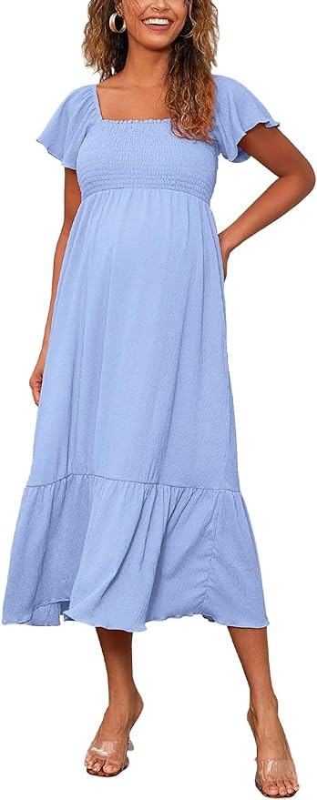 Maternity Dress Flutter Short Sleeve Square Neck Smocked Summer Maternity Maxi Dress for Photosho... | Amazon (US)