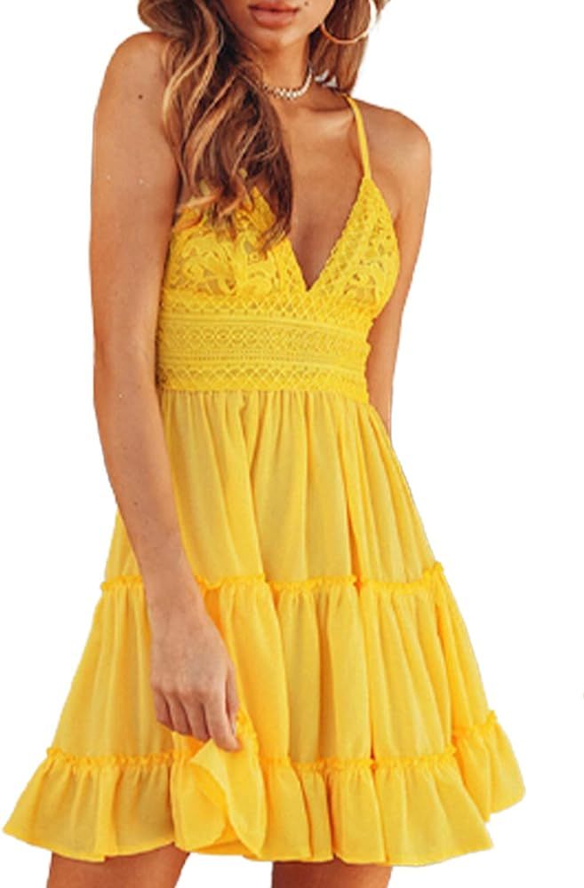 AlvaQ Womens Dress Summer Spaghetti Strap Tie Waist Smocked Mini Dresses | Amazon (US)