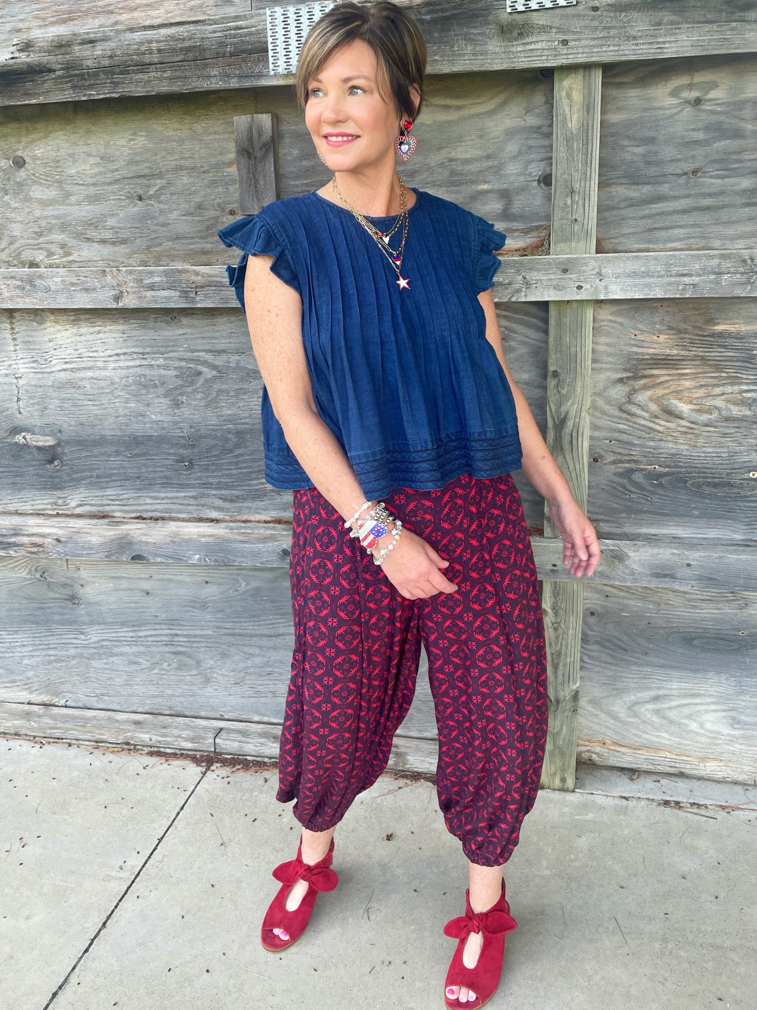 Red white and blue look Anthro swing top denim top harem pants Bernardo bow shoes round wooden heel 

#LTKSeasonal #LTKWorkwear #LTKOver40
