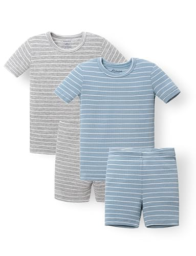 AVAUMA Stripe Pattern Baby Boys Girls Pajama Set Kids Toddler Snug fit Ribbed Sleepwear pjs for Daily Life Style (D.Blue, Gray 12-24 Months) (2Pack-Short) | Amazon (US)