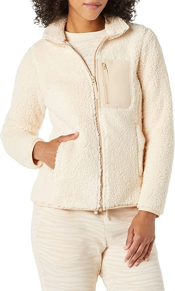 Amazon Essentials Women's Sherpa Long Sleeve Mock Neck Full-Zip Jacket with Woven Trim | Amazon (US)