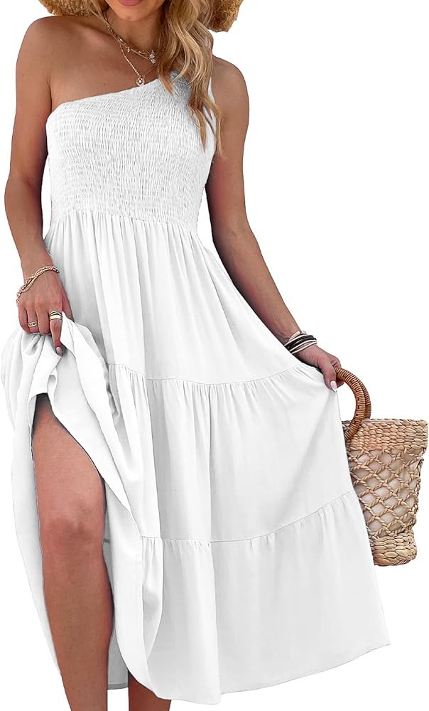 Women's One Shoulder Summer Casual Dresses Beach Vacation Travel Boho Sleeveless Smocked Maxi Lon... | Amazon (US)