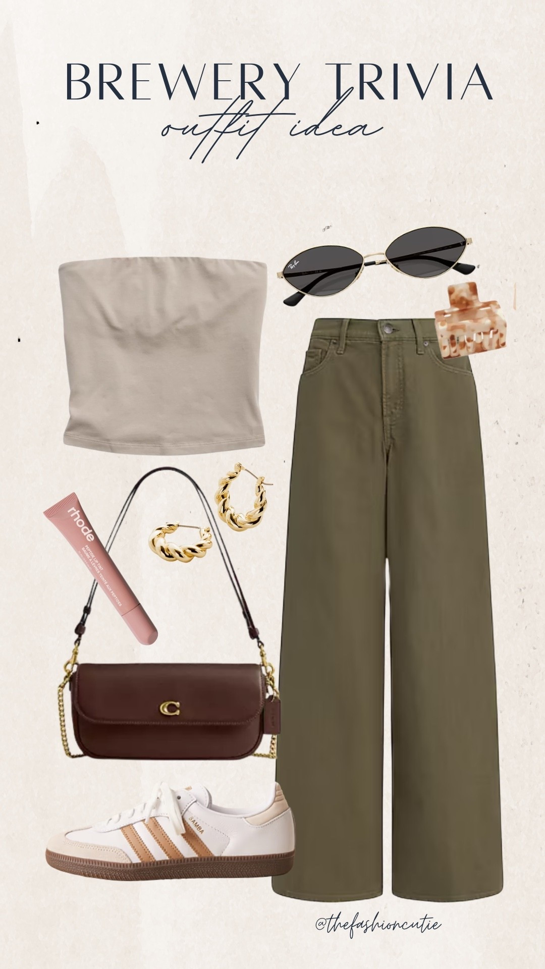 Cool girl casual for trivia night at your favorite brewery. Olive wide-leg pants, a taupe tube top, and Sambas for that effortless late summer vibe. Add a shoulder bag and bold gold hoops to pull it all together.

#LTKStyleTip #LTKFindsUnder50 #LTKShoeCrush