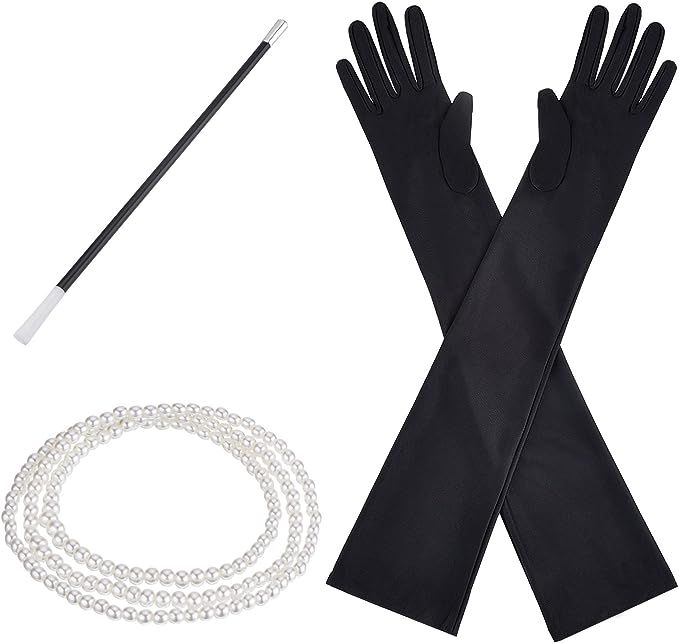 Pangda 1920s Accessories Costume Fancy Dress Plastic Holder Pearl Beads Long Black Gloves Set | Amazon (US)