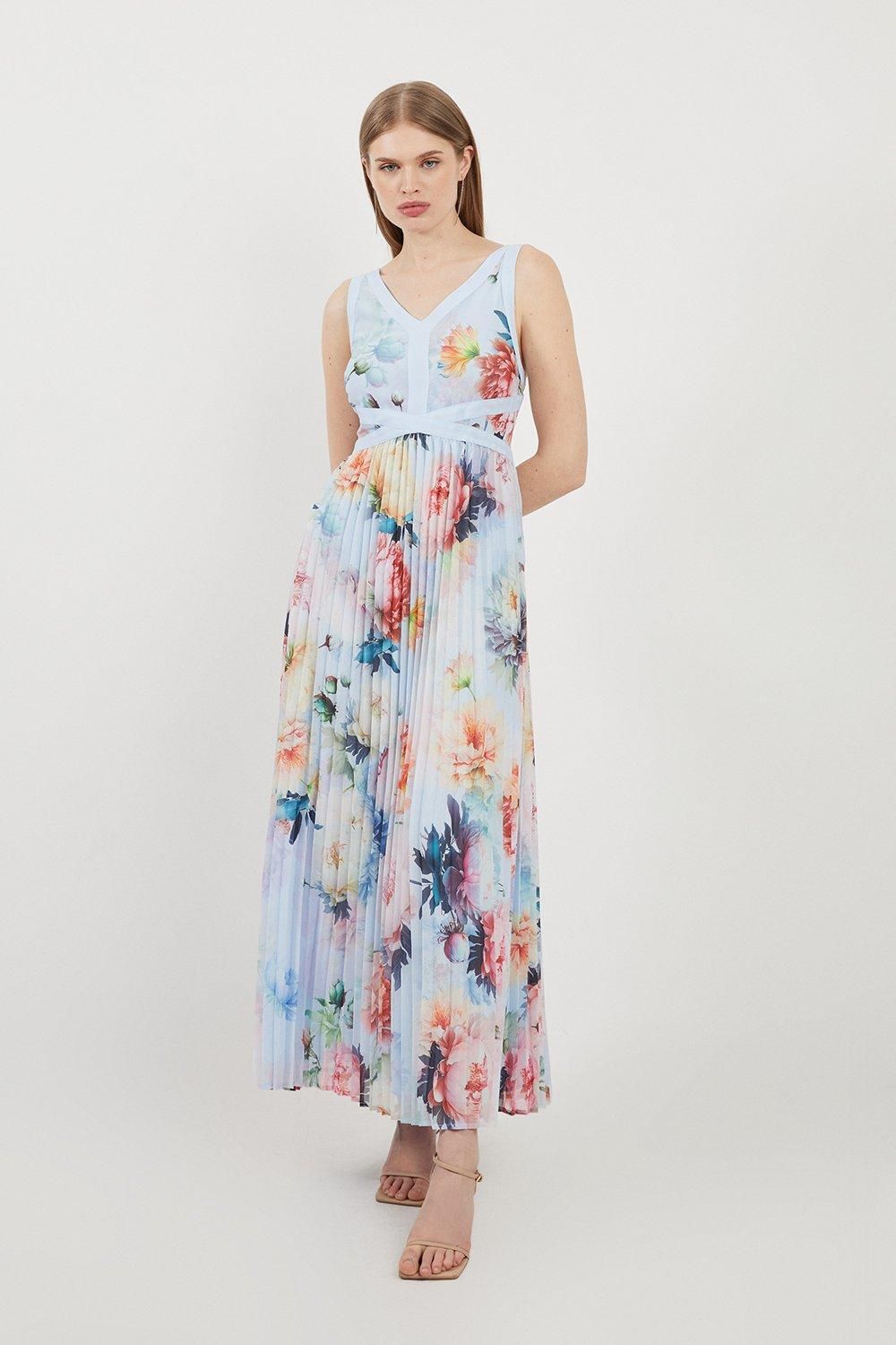 Rose Print Pleated Georgette Midi Dress | Karen Millen US