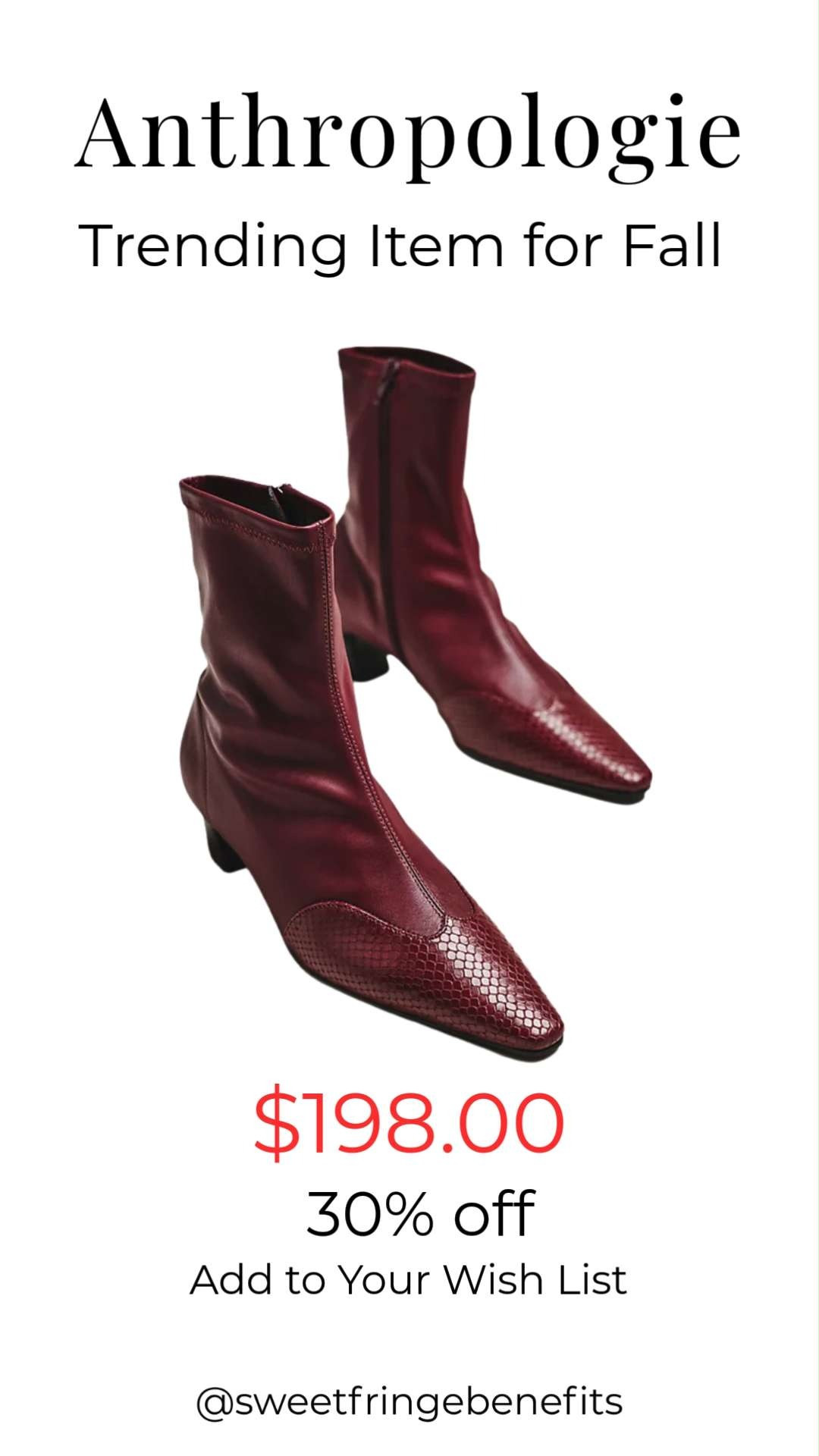 These Anthropologie ankle boots are one of my favorite trending finds for fall! The rich burgundy color, sleek pointed toe, and chic cap-toe detail make them an easy way to elevate everything from denim to dresses. Plus, they're 30% off right now!

💡 LTK MADE EASY
❤️ Heart = Support my posts!
🔖 Save = Get sale & restock alerts
📋 Lists = Keep favorites organized
📲 Share = Send lists and products to a friend. Hello, Christmas List!
💬 Comment = Ask me anything about what I'm wearing.:-) 

 #LTKSeasonal #LTKActive #LTKOver40