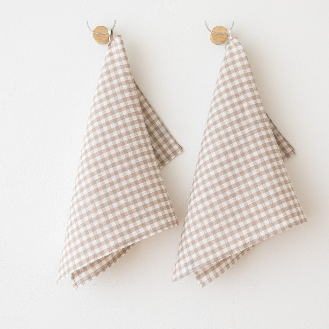 Linen Tea Towel Set, Linen Kitchen Towels Beige White Check, Gingham. Pure linen dish towel, dish... | Etsy (UK)