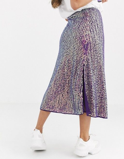 ASOS DESIGN Petite sequin midi slip skirt with double split | ASOS (Global)