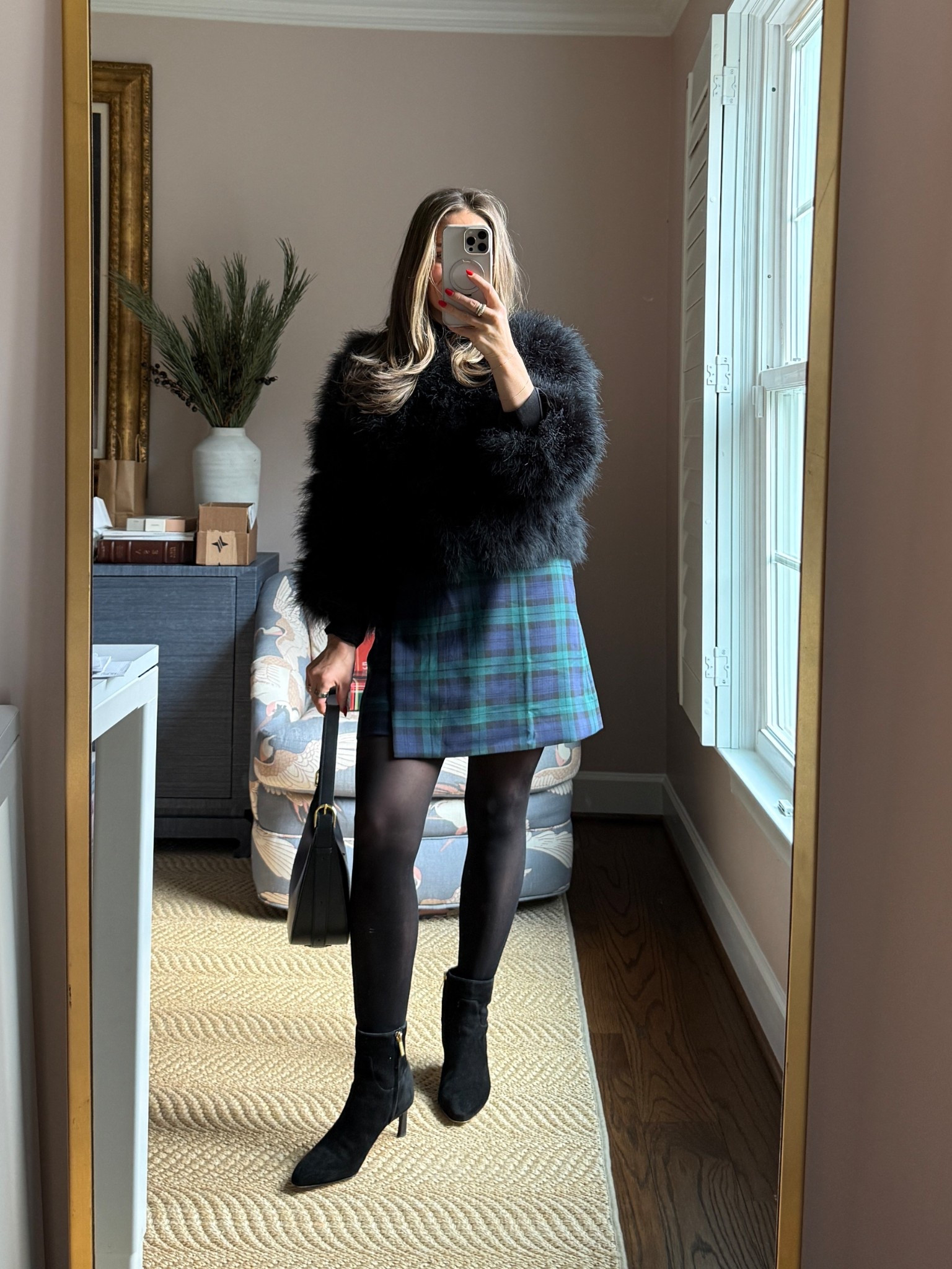 Christmas Eve or Christmas Day or NYE outfit ideas! 

Plaid skirt 
Black booties 
Faux fur / faux feather jacket 
Black turtleneck 

#LTKOver40 #LTKHoliday