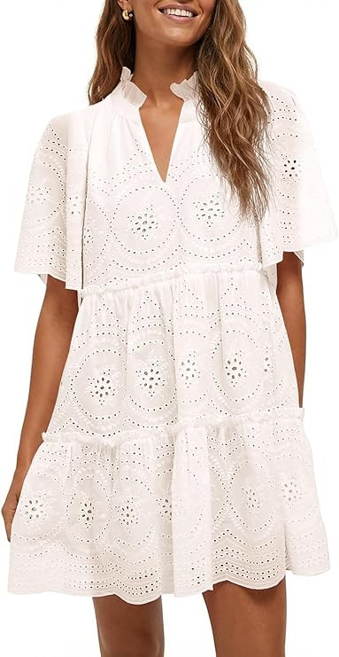 Wenrine Womens Summer Eyelet Dress Short Sleeve Babydoll V Neck Hollow Out Lace Ruffle Casual Bea... | Amazon (US)
