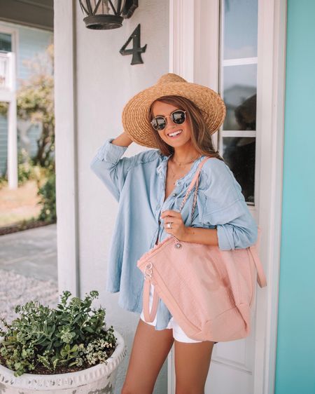 Perfect beach outfit! 
Button up shirt, blue shirt, oversized button up, white shorts, pink tote, Brixton straw hat, Joanna hat, Ray Ban sunglasses, spring break, vacation 

#LTKSeasonal #LTKunder100 #LTKitbag