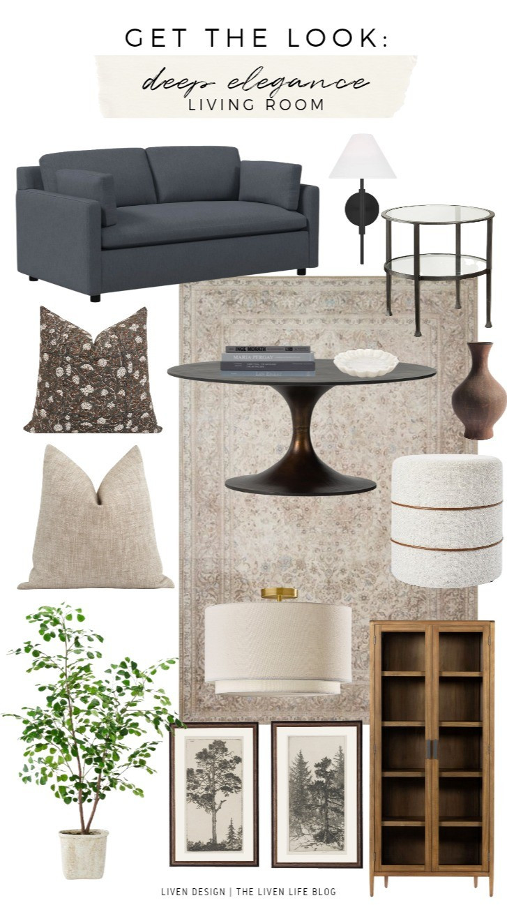 Living room. Home decor. Modern blue sofa. Glass display cabinet. Textured neutral rug. Glass side table. Throw pillows. Pedestal coffee table. Ottoman. Pouf. Pottery. Earthy vase. Vintage rug. 

#LTKSeasonal #LTKHome #LTKSaleAlert