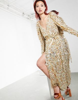 ASOS EDITION disc and teardrop sequin wrap midi dress in gold | ASOS (Global)