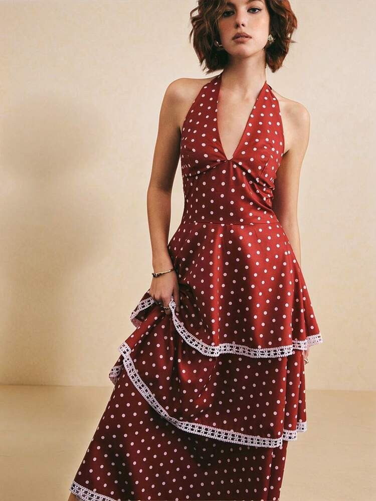 Poéselle Elegant Red Sleeveless Polka Dot Midi Dress For Women With Layered Tiered A-Line Hem And Knot Detail | SHEIN