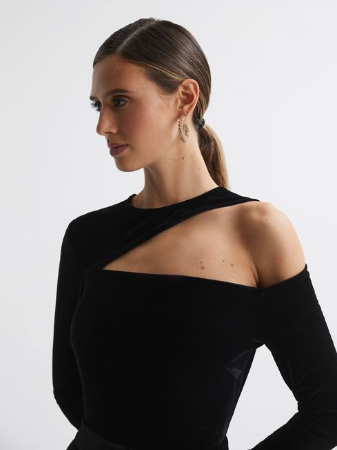 Reiss Black Adele Petite Velvet Off-The-Shoulder Jumpsuit | Reiss UK