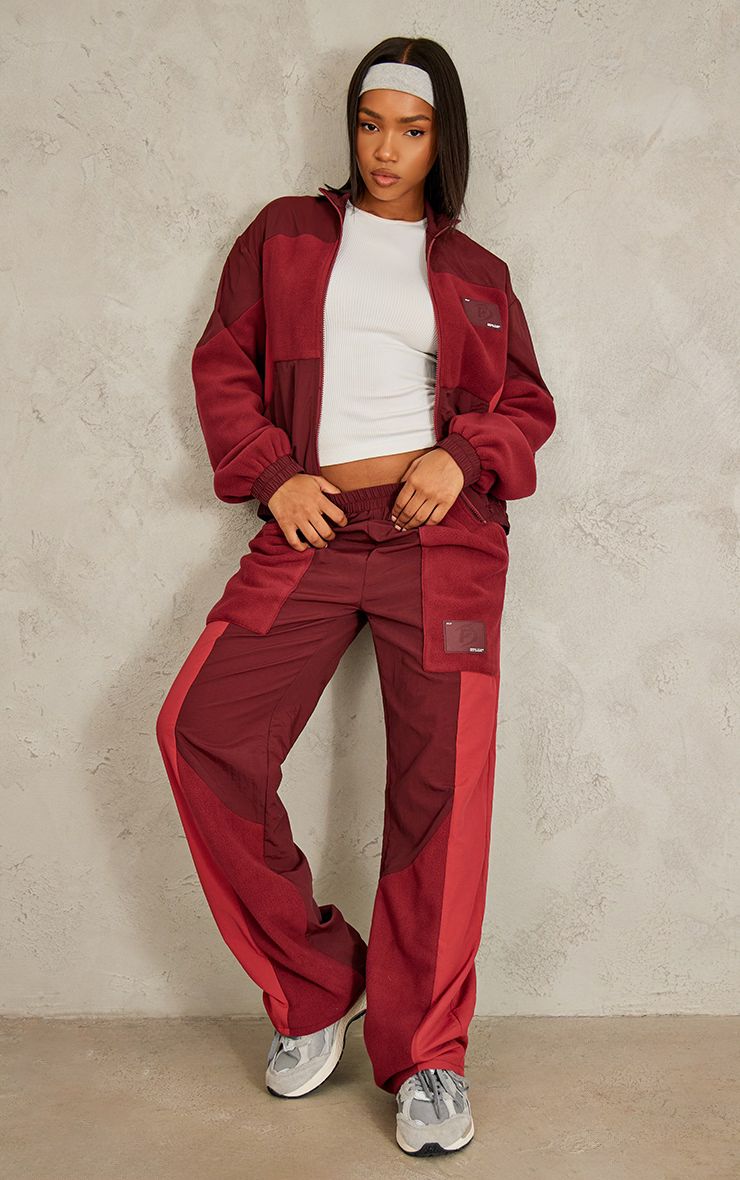 Cherry Red Fleece Contrast Panel Straight Leg Sweatpants | PrettyLittleThing US