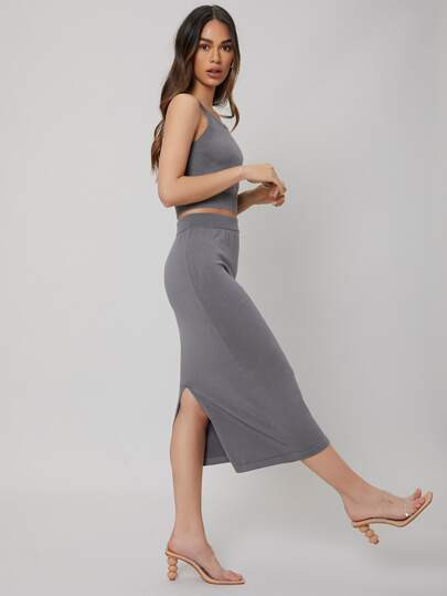 MOTF PREMIUM SILK COTTON TOP & KNIT SKIRT SET | SHEIN