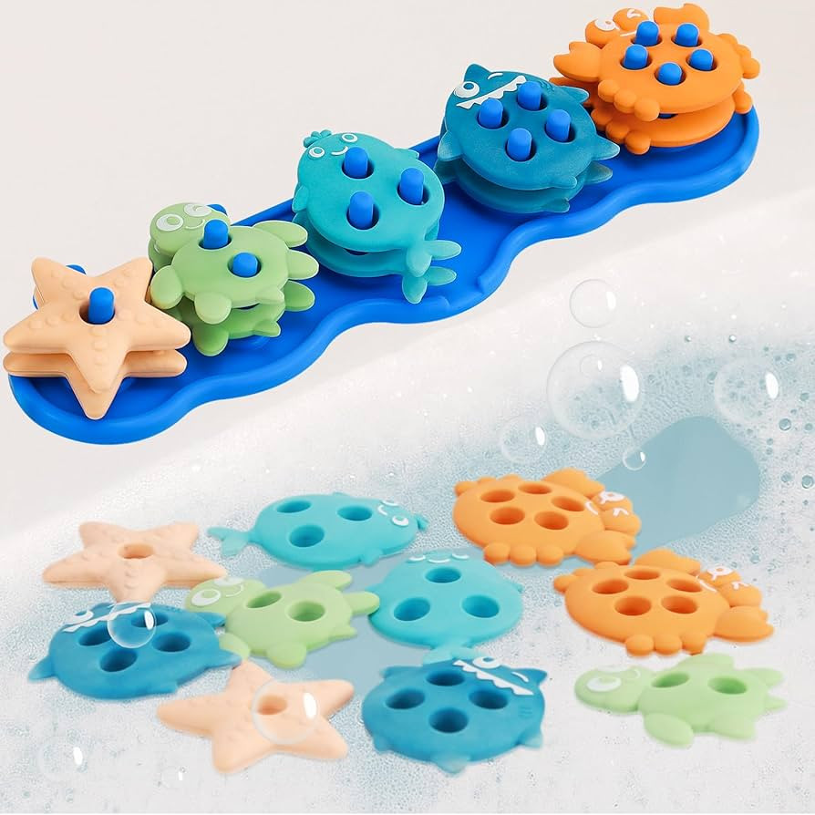 Baby Bath Toys, Mold Free Silicone Shape Sorting & Stacking Bath Toys for Kids Ages 1-3 with 10 C... | Amazon (US)