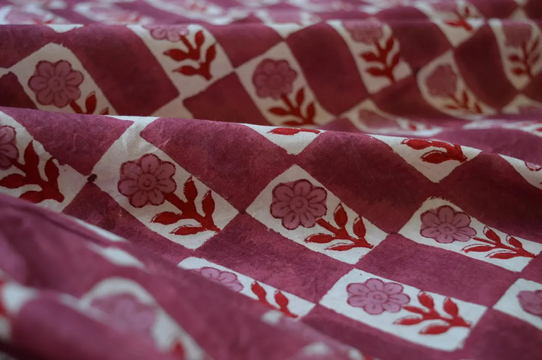 Maroon & Red Floral Indian Block Print Fabric by the Yard, Hand Block Printed Cotton Textile for ... | Etsy (US)