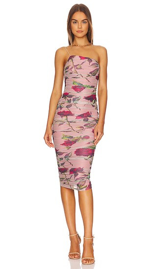 Justine Ruched Midi Dress in Pink Multi | Revolve Clothing (Global)