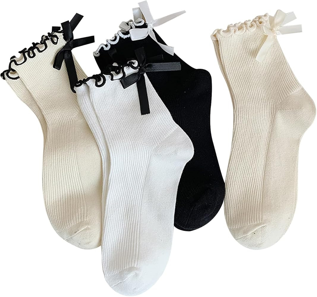 Womens Bow Socks Ruffle Casual Crew Black Whitte Soft Breathable Cotton 4 Pairs Socks | Amazon (US)