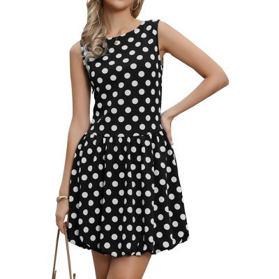 INSPIRE CHIC Women's Polka Dot Summer Sleeveless Ruffle Hem Crew Neck A-Line Mini Dresses X-Large Black | Target