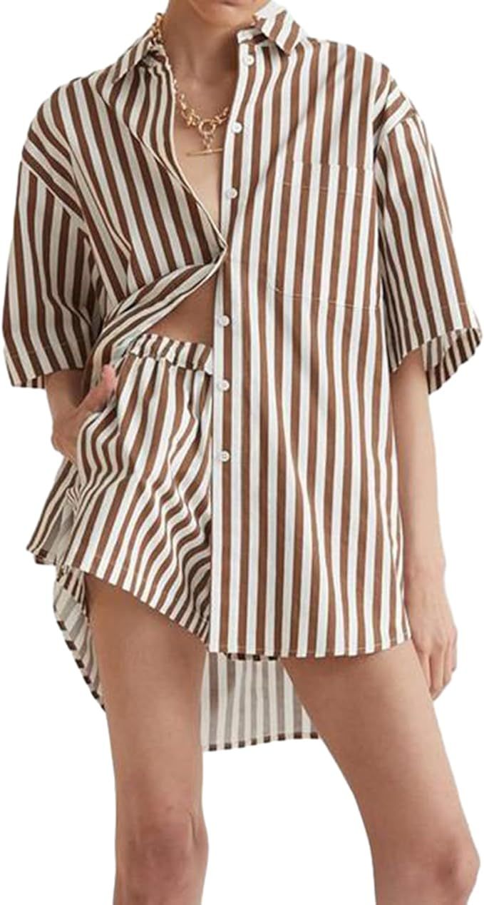 Awoscut Women's 2 Piece Lounge Tracksuit Outfit Long Sleeve Shirt and Short 2 Piece Sets Stripe B... | Amazon (US)