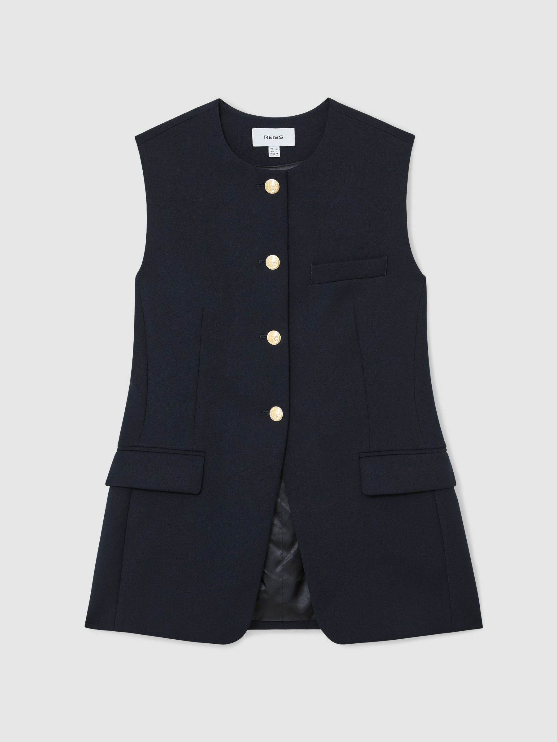 Reiss Button-Through Longline Waistcoat in Navy - REISS | Reiss UK