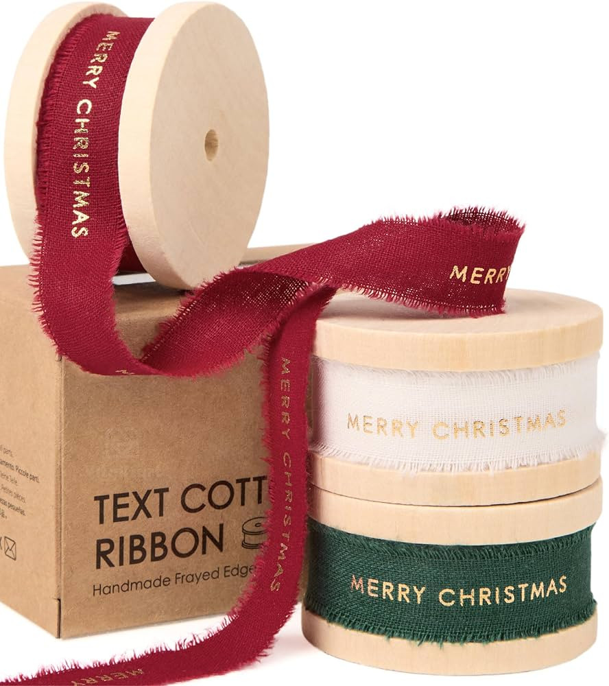 Vitalizart Merry Christmas Ribbon 5/8 Inch Natural Cotton Handmade Frayed Fringe Ribbons 15 Yd fo... | Amazon (US)