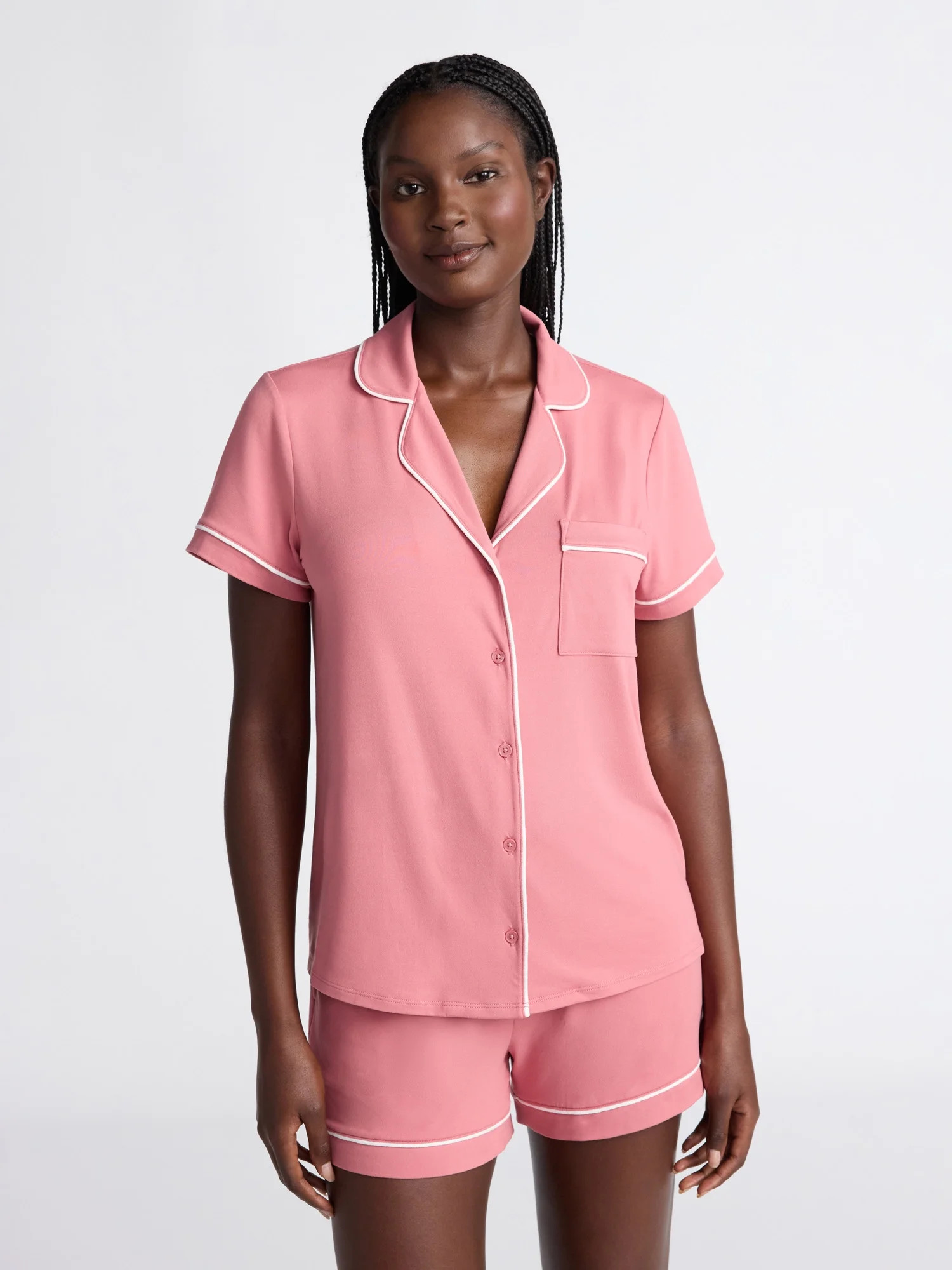 Joyspun Women’s Dreamy Soft Collection Notch Collar Knit Top and Boxer Shorts Pajama Set, Sizes... | Walmart (US)