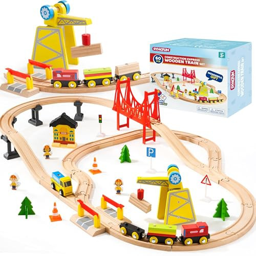 60PCS Wooden Train Set - Toy Magnetic Trains with Wooden Track Set for Kids Ages 3-8, Construction Crane Railway Set, Perfect Christmas Birthday Gift for Grandkids Toddlers Boys Girls | Amazon (US)